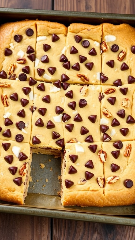 A delicious tray of 7 layer bars with chocolate, butterscotch, coconut, and nuts on a wooden table.
